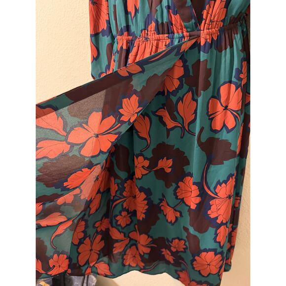 DR2 Dress Size M Surplice Puff‎ Sleeve Faux Wrap Midi Green/Orange Fall Florals - Picture 4 of 8
